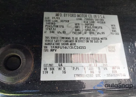 2003 Ford Expedition Xlt из США, поврежденный, VIN 1FMFU16L13LC24253